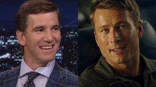 From left to right: Eli Manning on the Tonight Show and Glen Powell in Top Gun: Maverick.