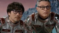 AI-generated Hideo Kojima and Nicolas Winding Refn in '60s sci-fi spacesuits, from a Prada ad.
