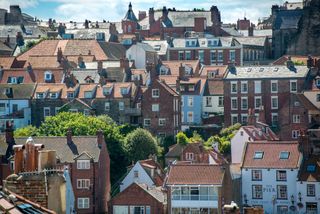 Cityscape of tightly-arranged houses, Whitby, Yorkshire