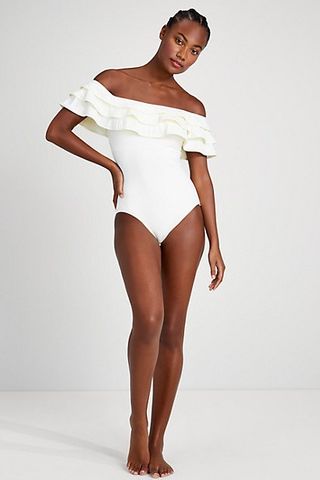 white off-the-shoulder one piece swimsuit