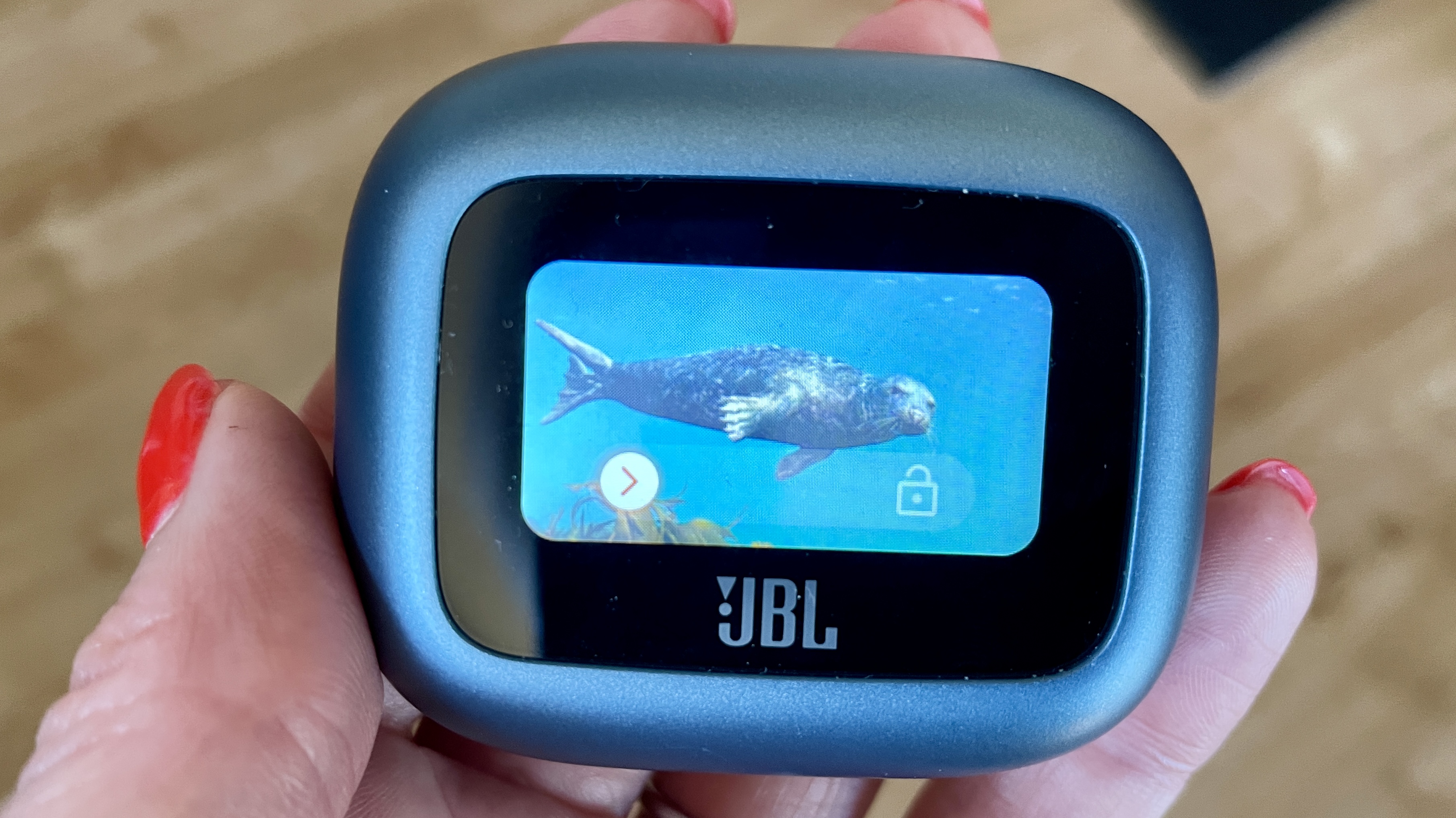 A picture of a seal on the JBL Live Beam 3's lock-screen
