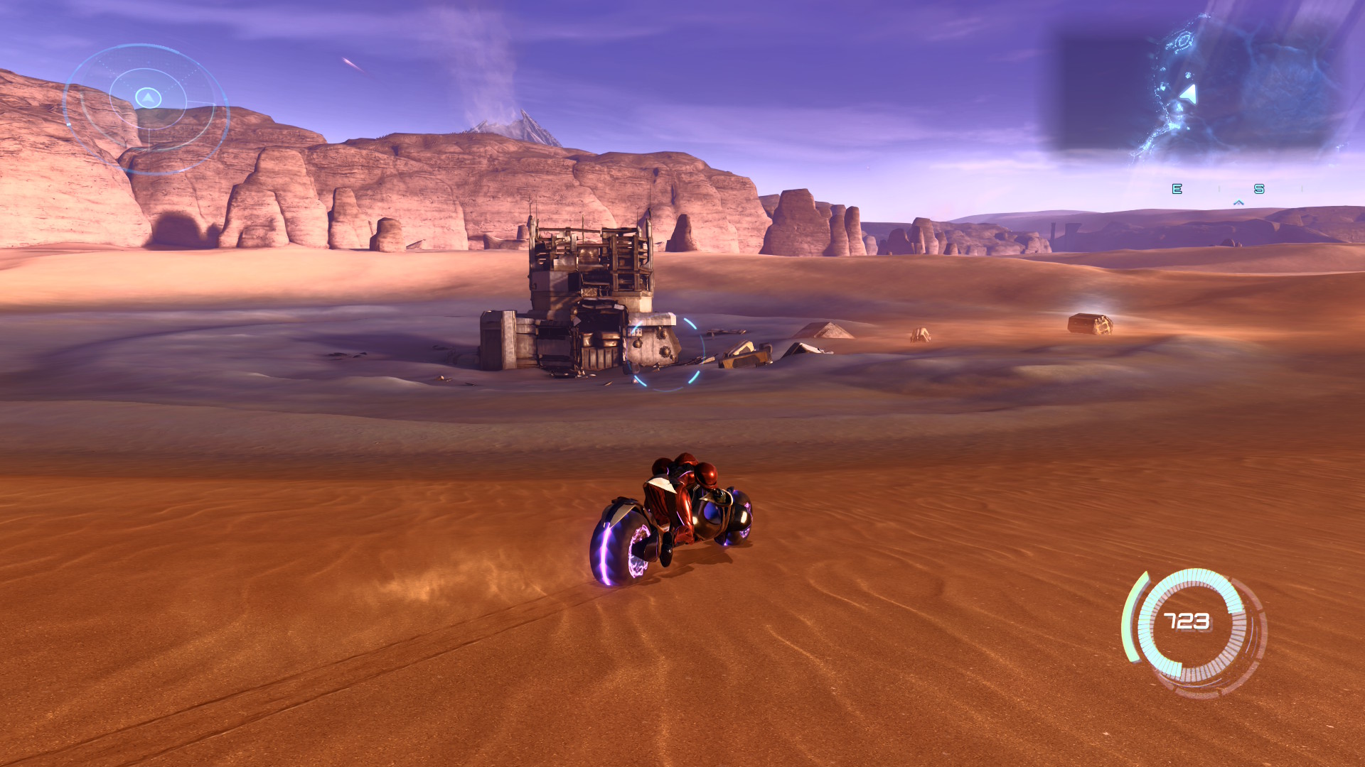 Samus bikes towards Galactic Federation wreckage in Sol Valley in Metroid Prime 4: Beyond