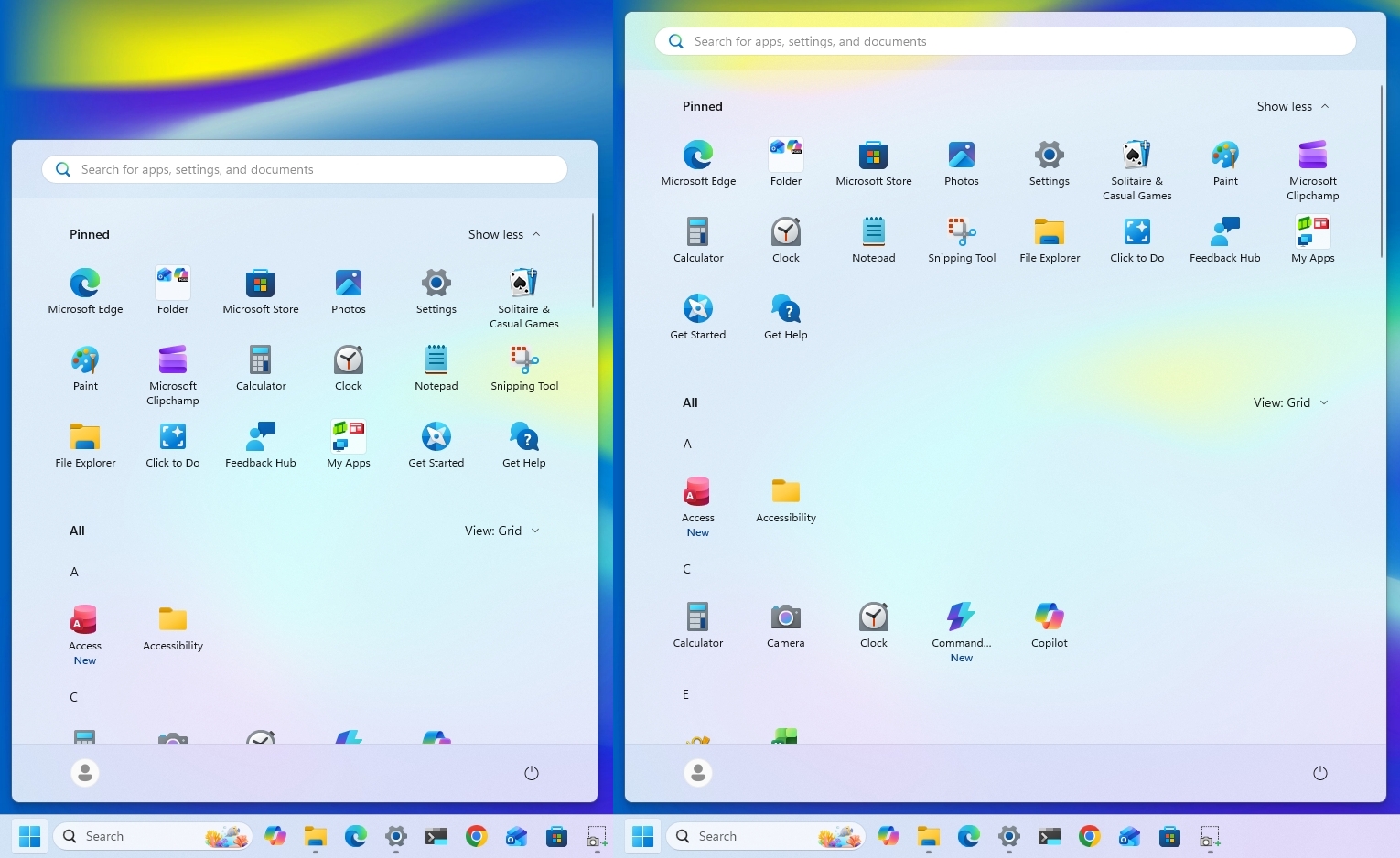 Small Start menu (left), Large Start menu (right)