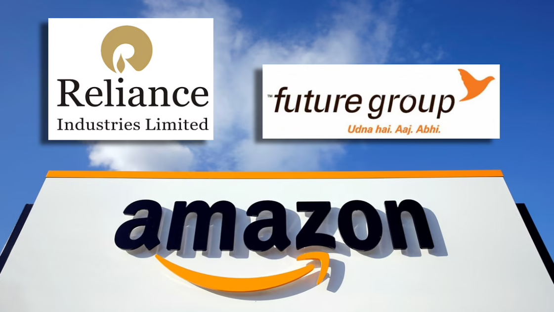 Logos of Reliance Group, Future Group and Amazon 