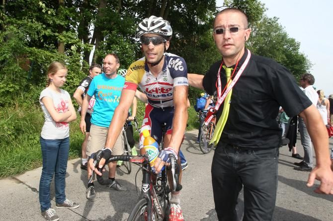 Halle-Ingooigem champion Kenny Dehaes (Lotto Belisol) makes his way to the podium