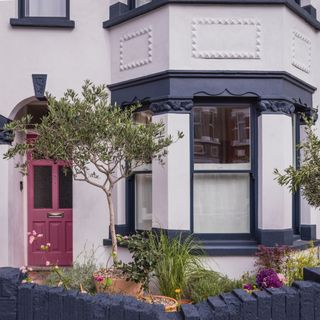 front door colour ideas, pink front door on terrace house with a bay window, exterior scheme is off white and charcoal grey detailing, plants in the front garden, charcoal wall
