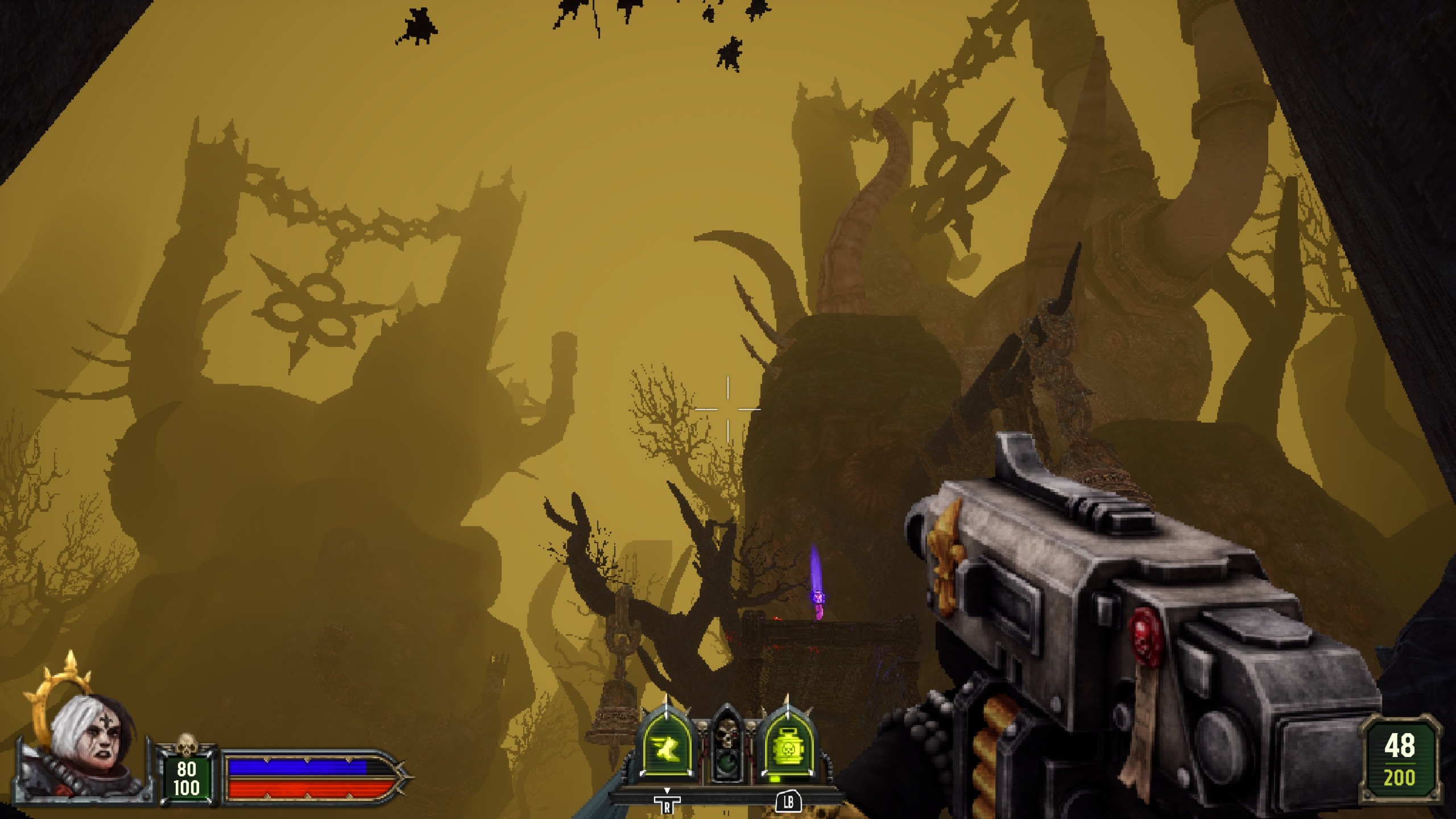 First-person shooter view of a futuristic gun aimed at towering, twisted silhouettes in yellow fog; health and ammo HUD add a tense, ominous mood.