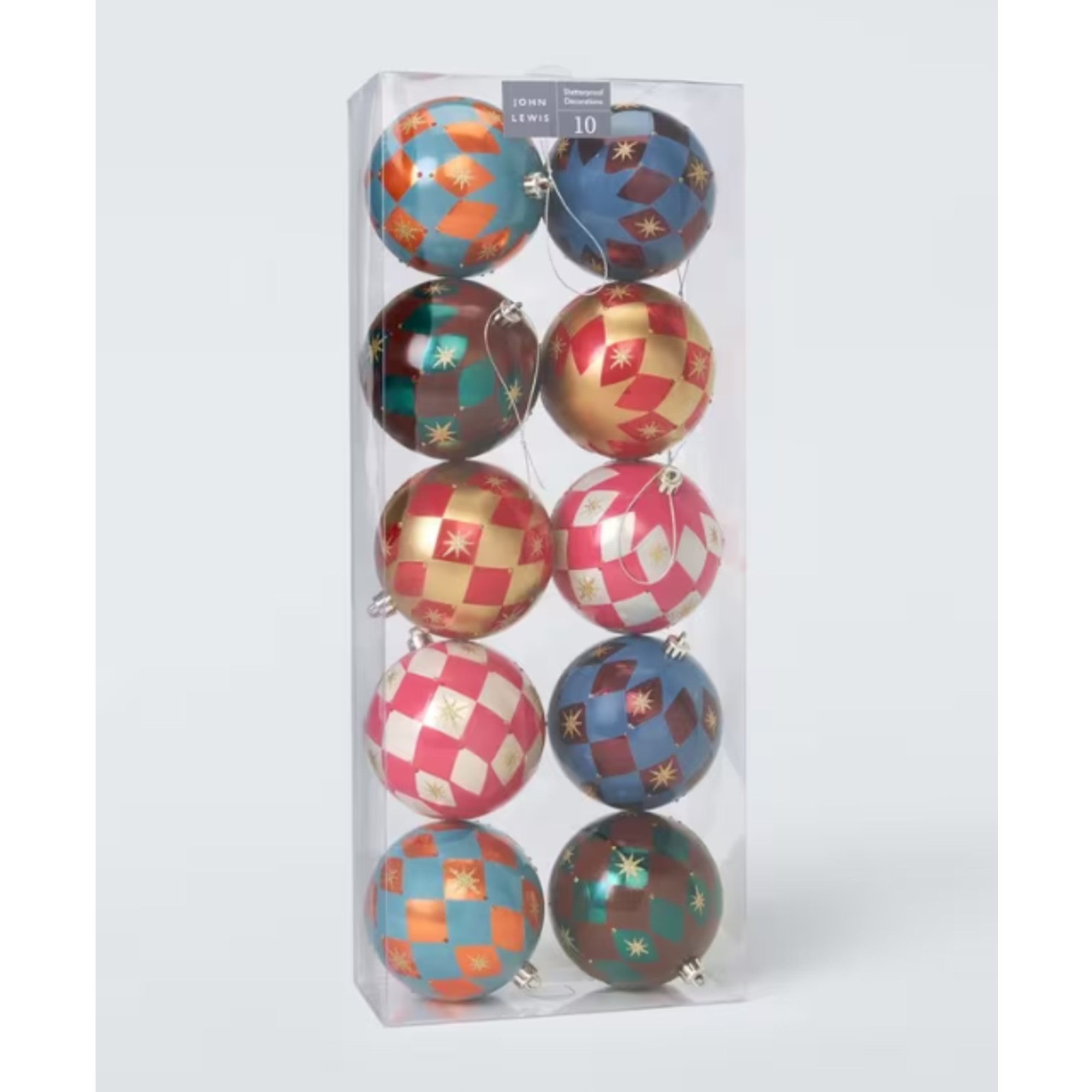 John Lewis Assorted Shatterproof Harlequin Baubles, Box of 10, Multi