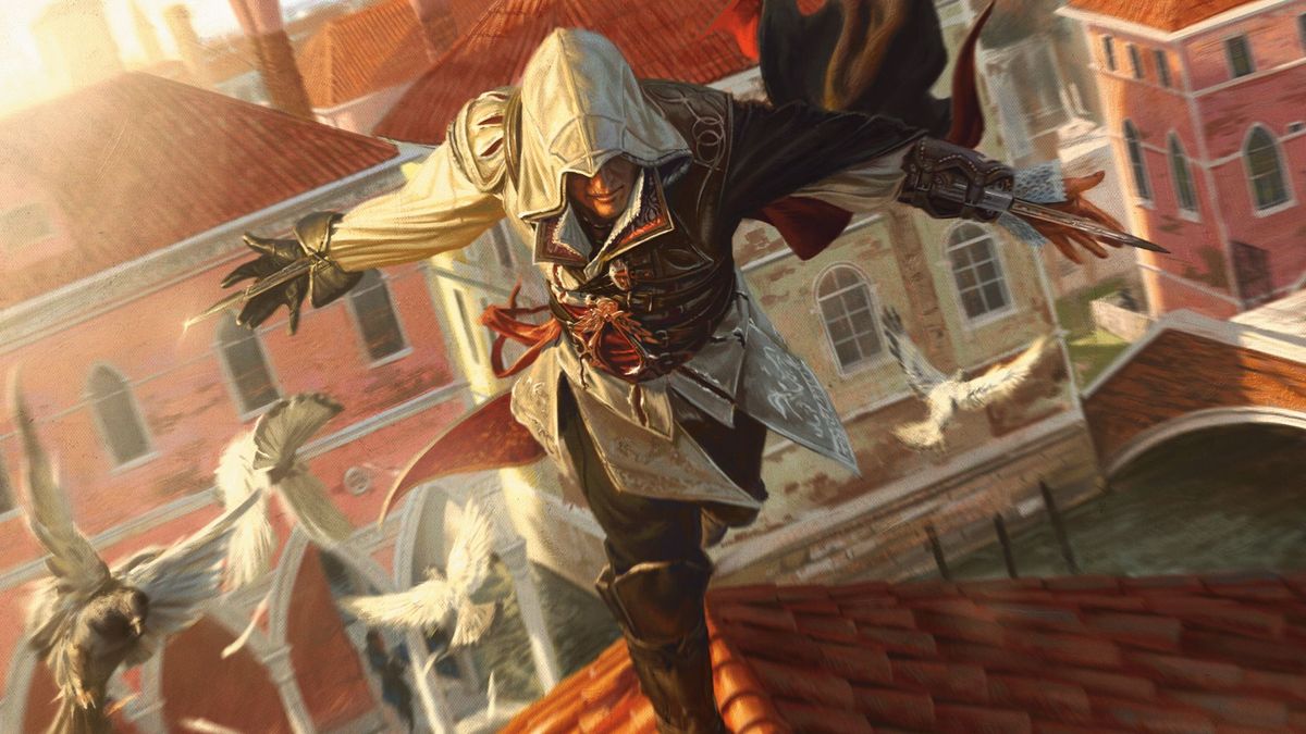 Ezio runs across a rooftop, startling birds.