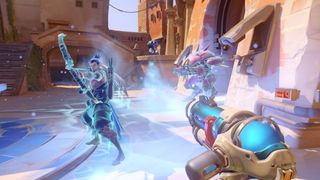 Overwatch 2 Mei using her ultimate to freeze Hanzo and D.Va
