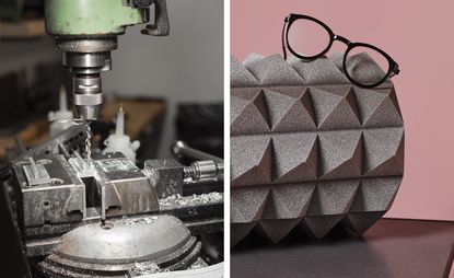 Left, A milling machine in the Lindberg in house tool shop and Right, Lindberg Horn 1814 Glasses