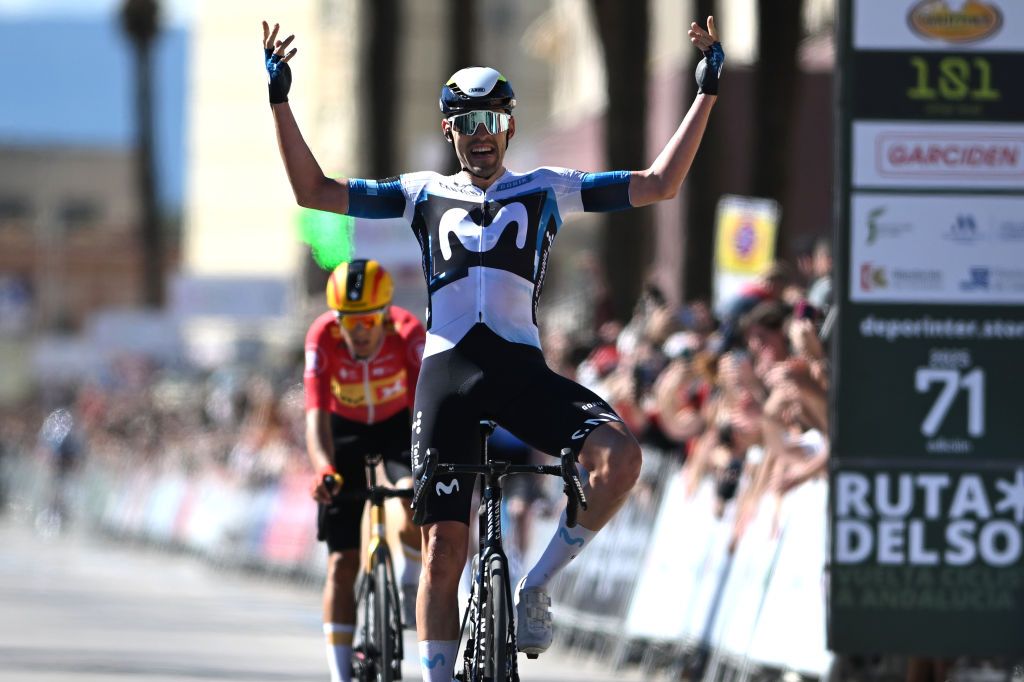 LA LINEA DE LA CONCEPCION SPAIN FEBRUARY 23 Jon Barrenetxea of Spain and Movistar Teamcelebrates at finish line as stage winner during the 71st Vuelta a Andalucia Ruta Ciclista Del Sol 2025 Stage 5 a 1681km stage from Benahavis to La Linea de la Concepcion on February 23 2025 in BLa Linea de la Concepcion Spain Photo by Szymon GruchalskiGetty Images