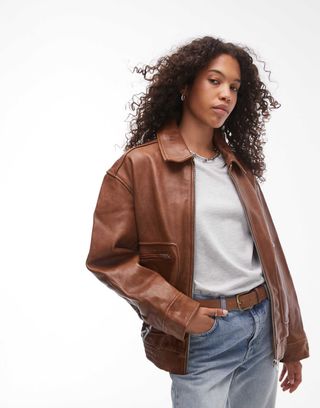 Topshop Premium Real Leather Oversized Bomber Jacket in Brown