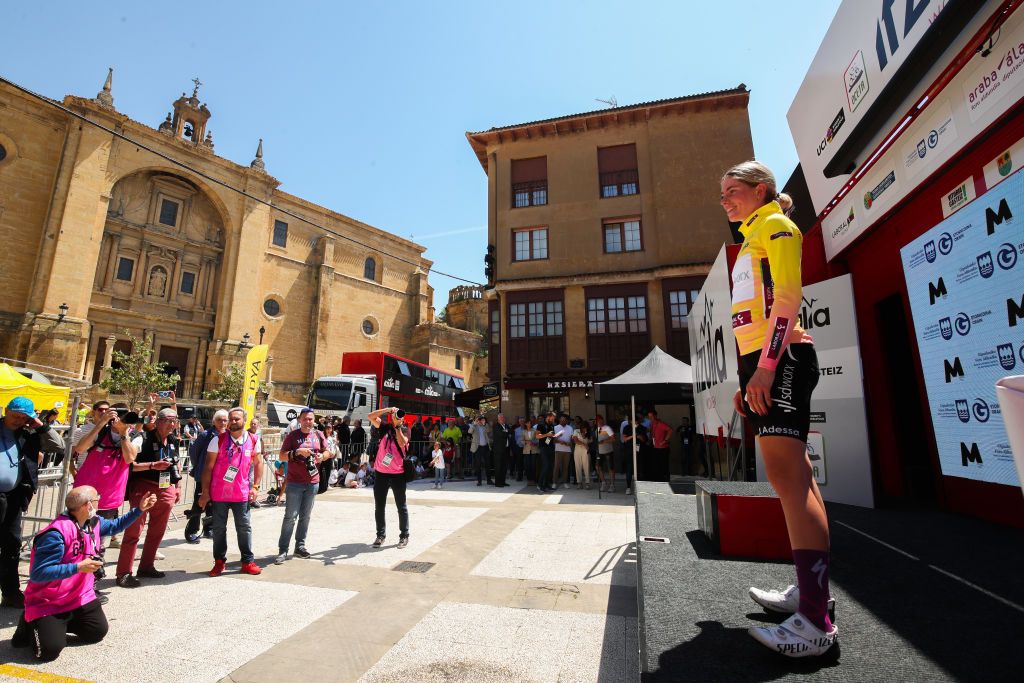 LABASTIDA SPAIN MAY 13 A general view of Demi Vollering of Netherlands and Team SD Worx celebrates winning the Yellow Leader Jersey on the podium ceremony after the 1st Itzulia Women 2022 Stage 1 a 1059km stage from VitoriaGasteiz to Labastida ItzuliaWomen UCIWWT on May 13 2022 in Labastida Spain Photo by Gonzalo Arroyo MorenoGetty Images