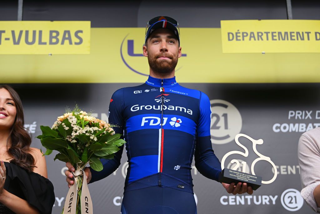 SAINT VULBAS FRANCE JULY 03 Clement Russo of France and Team Groupama FDJ celebrates at podium as most combative rider prize winner during the 111th Tour de France 2024 Stage 5 a 1774km stage from SaintJeandeMaurienne to Saint Vulbas UCIWT on July 03 2024 in Saint Vulbas France Photo by Dario BelingheriGetty Images