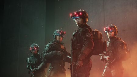 An image of a group of Korean special forces agents with glowing red night vision goggles from Project TH.