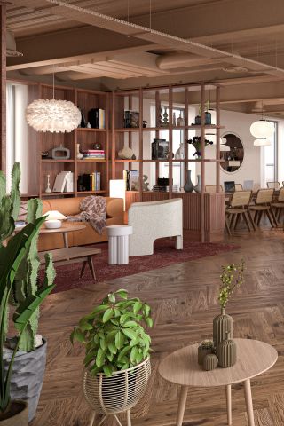 Plants and warm timber in living area at Wembley Ark co-living concept by Holloway Li