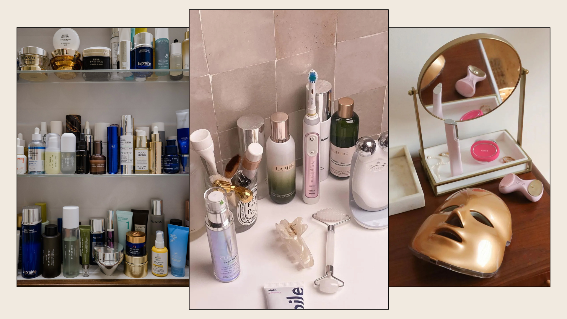 A collage with photos of beauty products on bathroom shelves, bathroom sinks and dressing tables