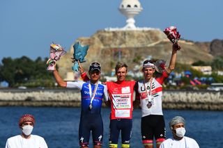 The final podium of the 2022 Tour of Oman (l-r) Fausto Masnanda, Jan Hirt and Rui Costa