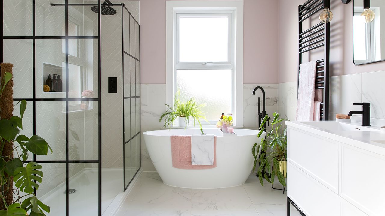 bathroom tech pink bathroom with freestanding bath and walk in shower