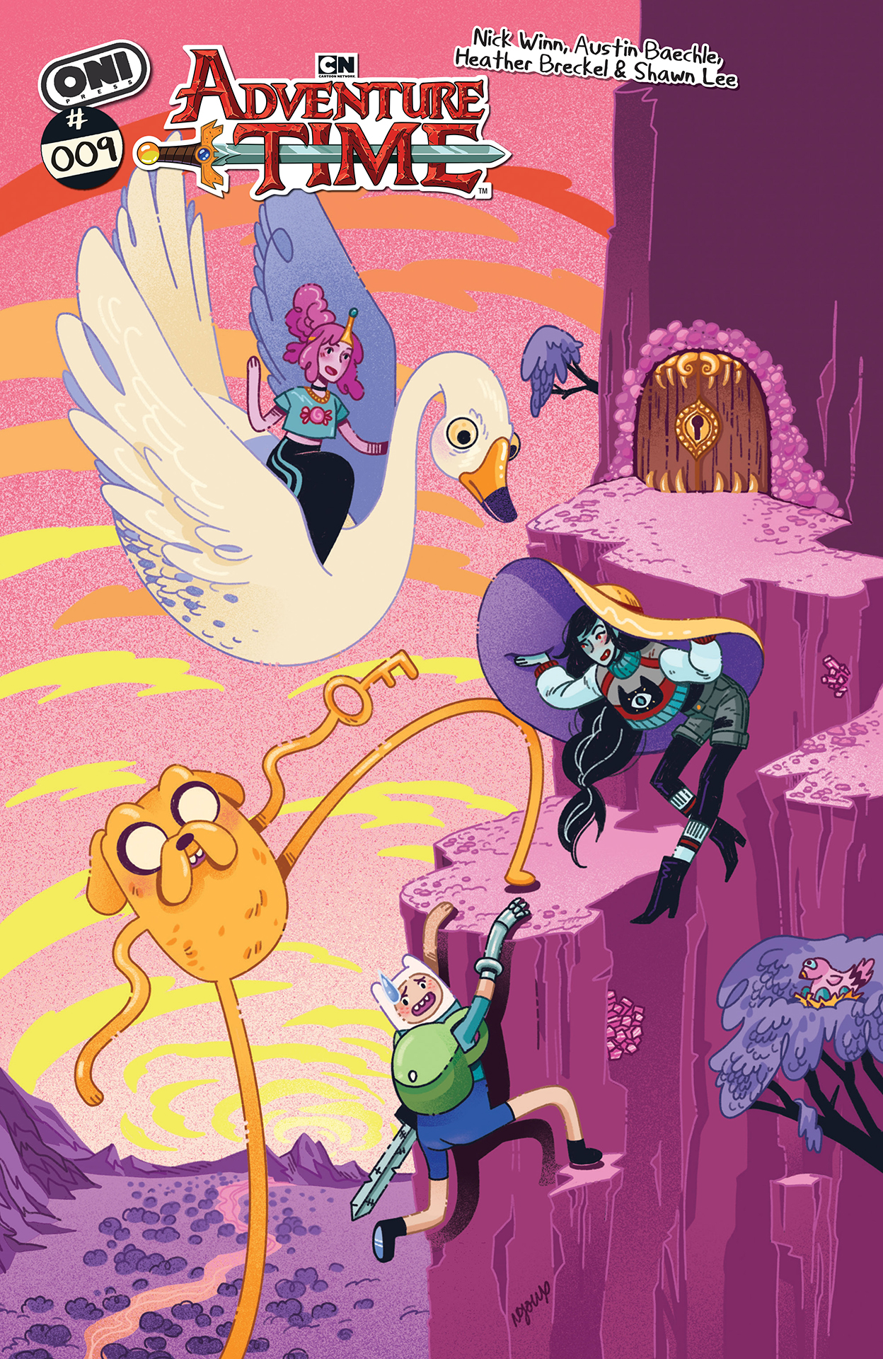 Finn, Jake, and many other members of the Adventure Time cast climbing a mountain