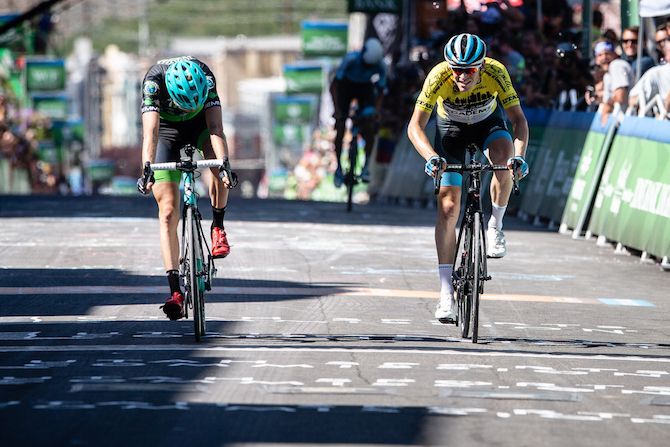 Keegan Swirbul (Worthy Pro Cycling) and Ben Hermans (Israel Cycling Academy) come to the line on stage 6 of the 2019 Tour of Utah