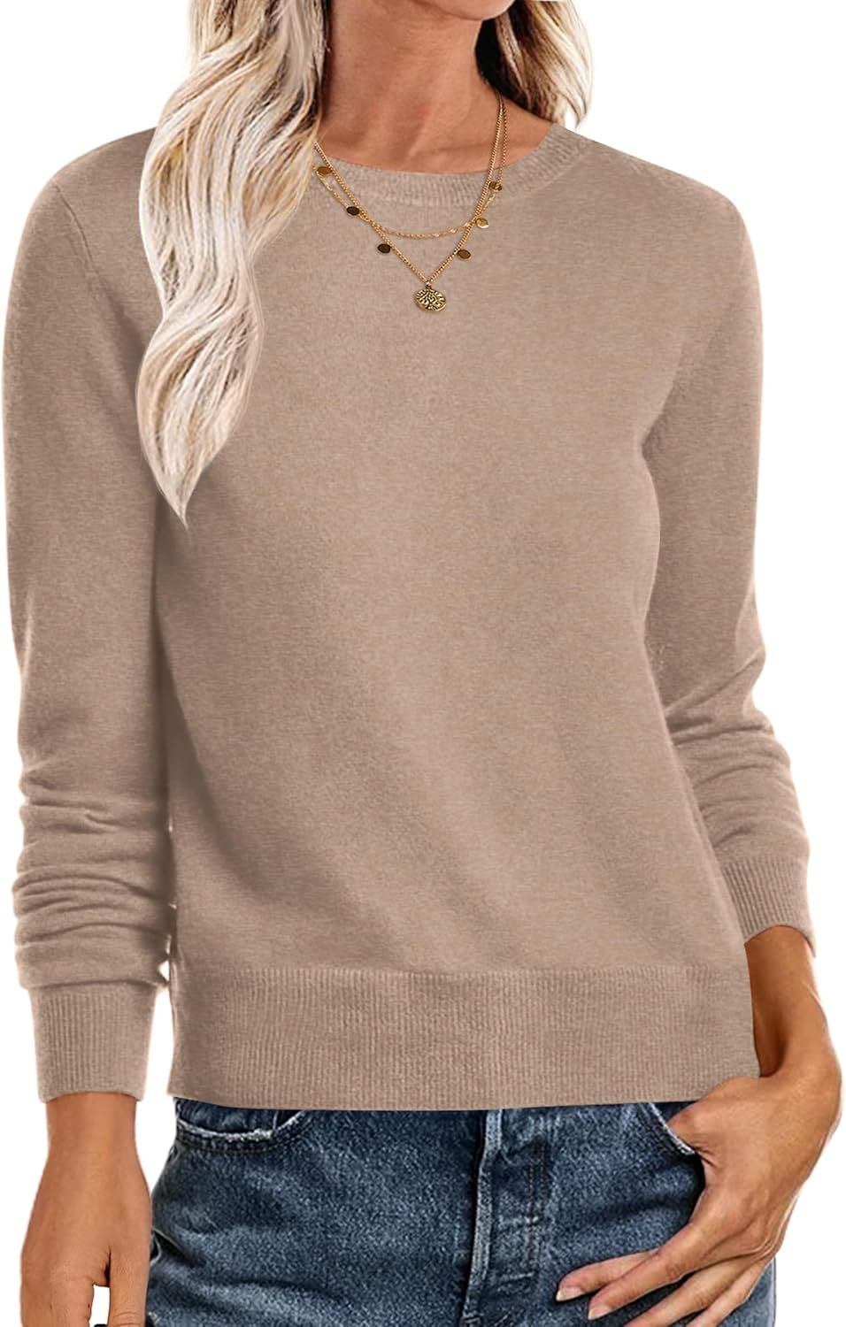 Anrabess Sweaters for Women Long Sleeve Lightweight Crewneck Soft Basic Knit Loose Fit Pullover Top 2025 Fall Trendy Outfits Warm Khaki Small