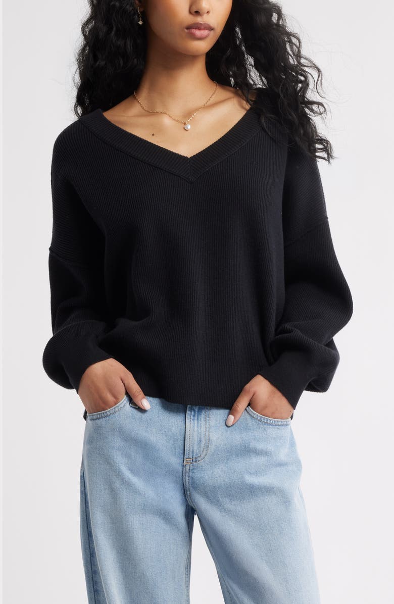 Seamed Oversize V-Neck Rib Sweater
