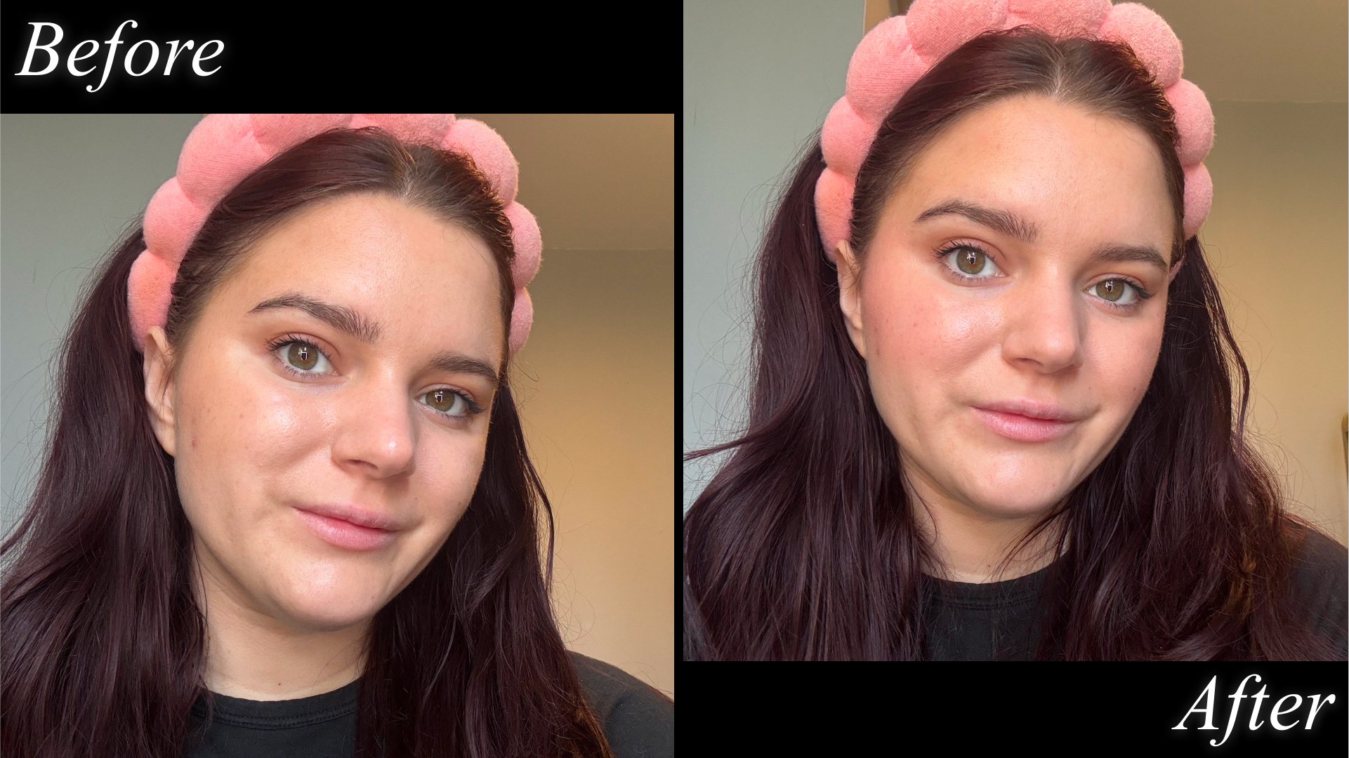 Split image of Brooke Knappenberger testing Merit Beauty Flush Balm with before and after text on black background