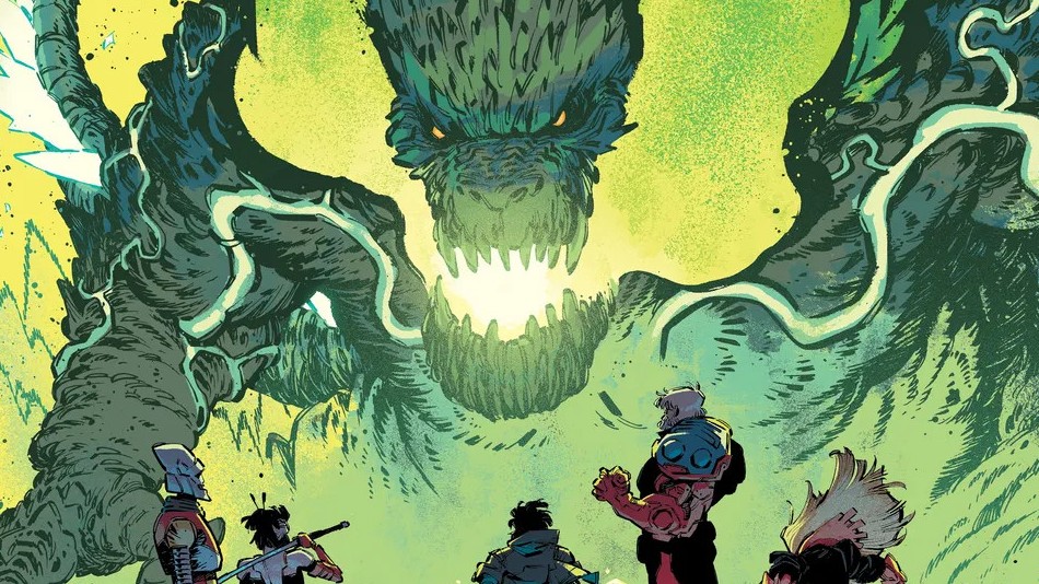 Godzilla looking down at a group of superheroes.