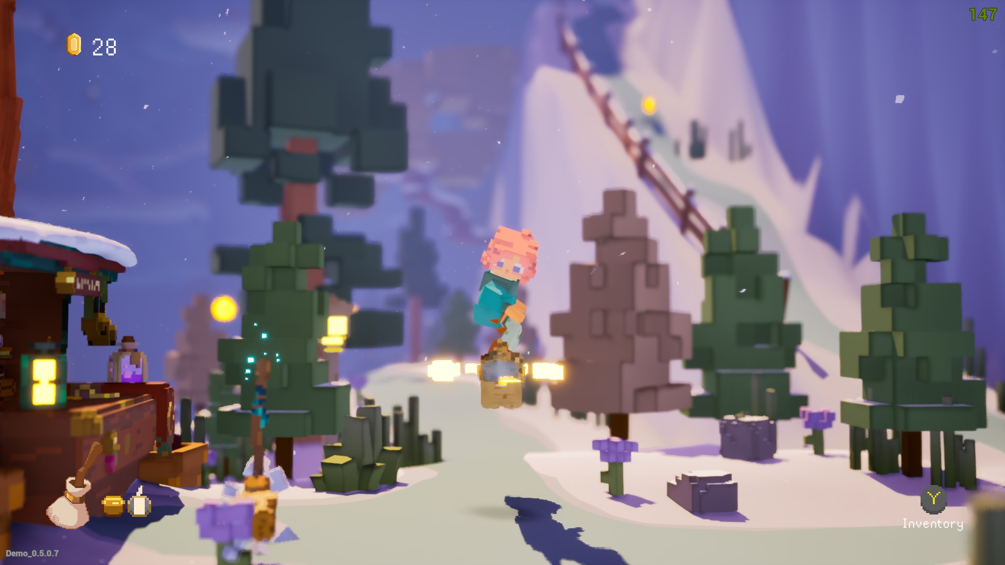 A 3D voxel world where a young witch skaeboards on a broom around a snowy mountain