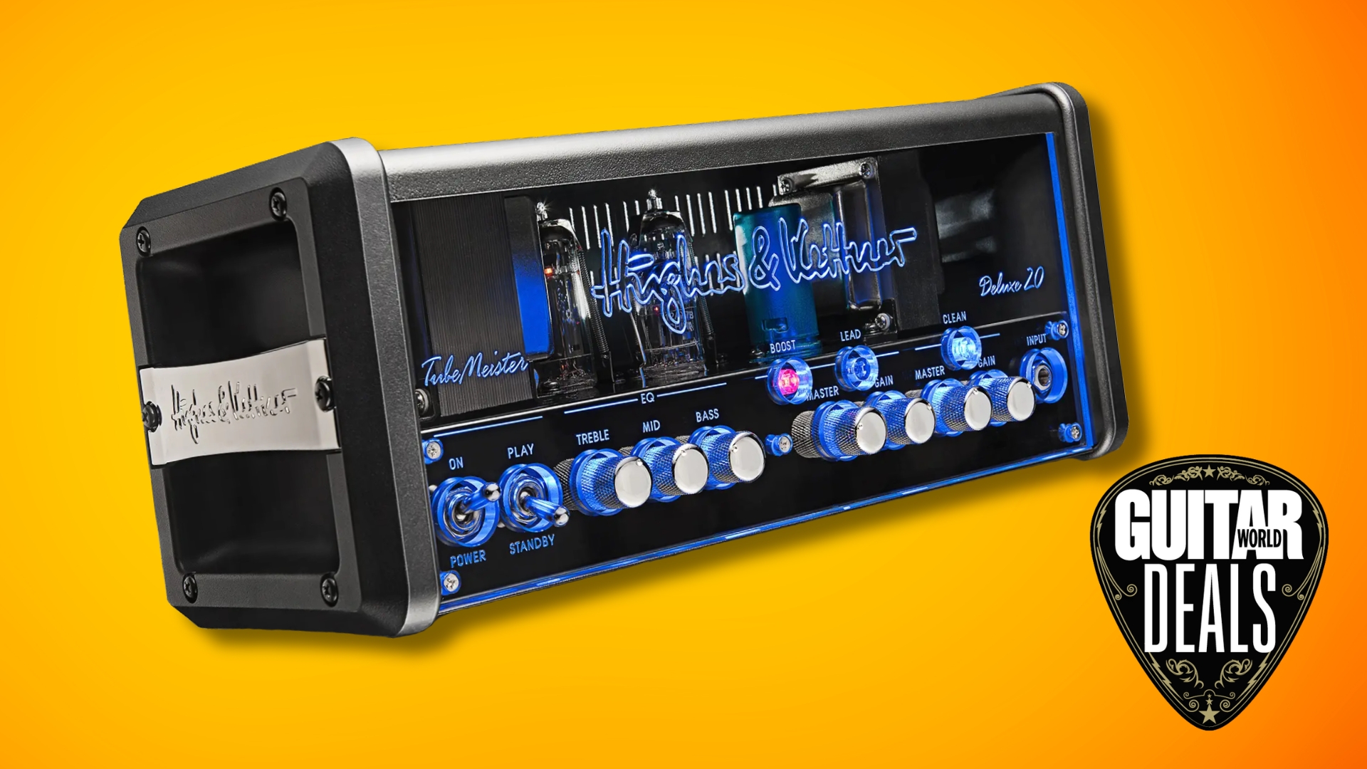 A Hughes &amp; Kettner tube guitar amp head on an orange background