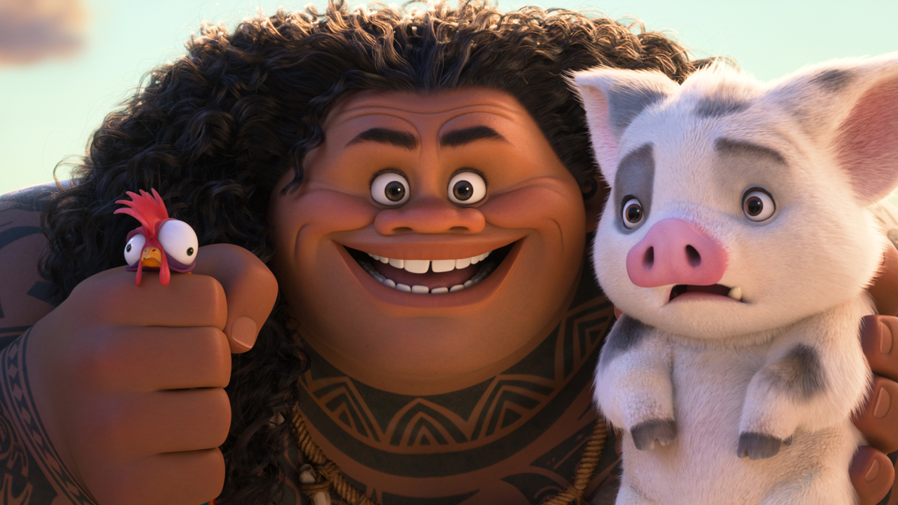 Moana 2 Maui holding up Hei Hei and Pua