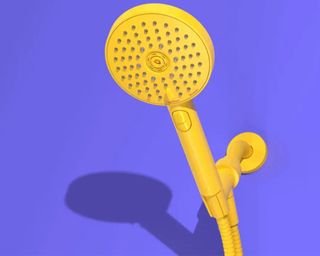 sproos! shower head in yellow on a blue background