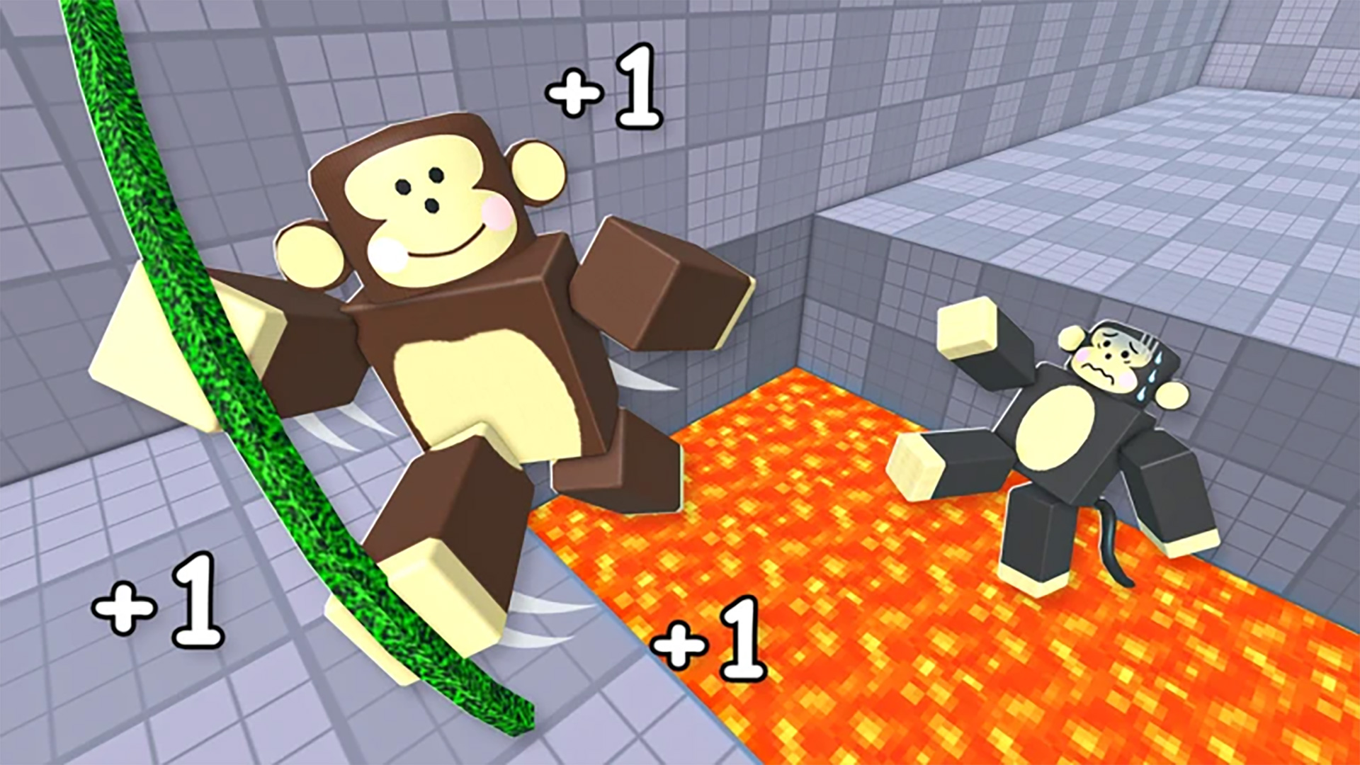 A press shot for +1 Speed Monkey Escape codes showing a monkey jumping over a lava pit as another falls in behind them