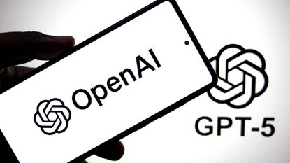 The OpenAI logo shown on a phone in front of a white screen bearing the logo with the text "GPT-5" beneath it.