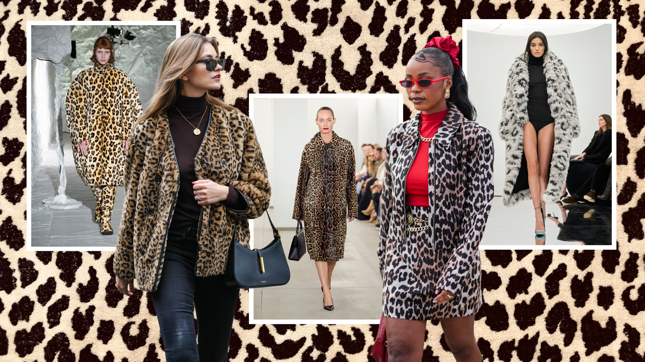 Fall 2024 runway images featuring women wearing leopard print coats on the runways of Alaia, Michael Kors, and Marni; street style images of women wearing leopard print coats