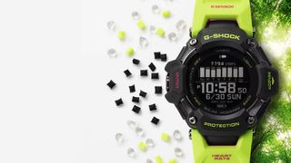 Casio G-Squad GBD-H2000 watch beside recycled resin pellets