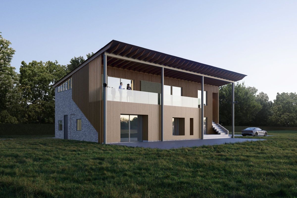 A design for a house with two-tiers and a balcony in the design of a stand