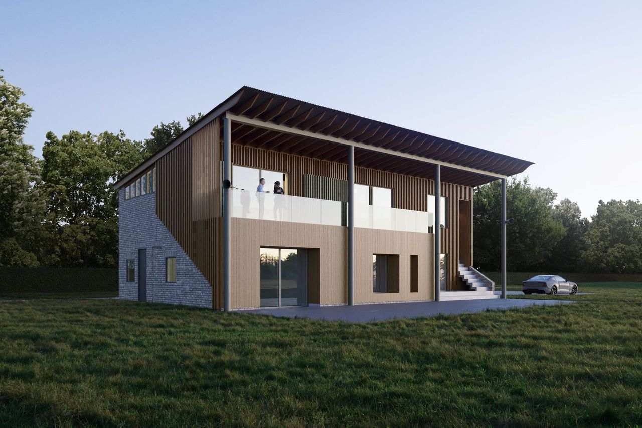 A design for a house with two-tiers and a balcony in the design of a stand