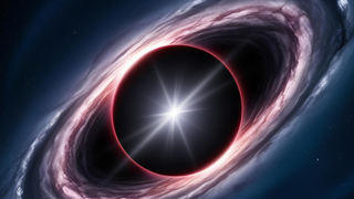 An illustration of a black hole with its mysterious singularity indicated by a glowing white light