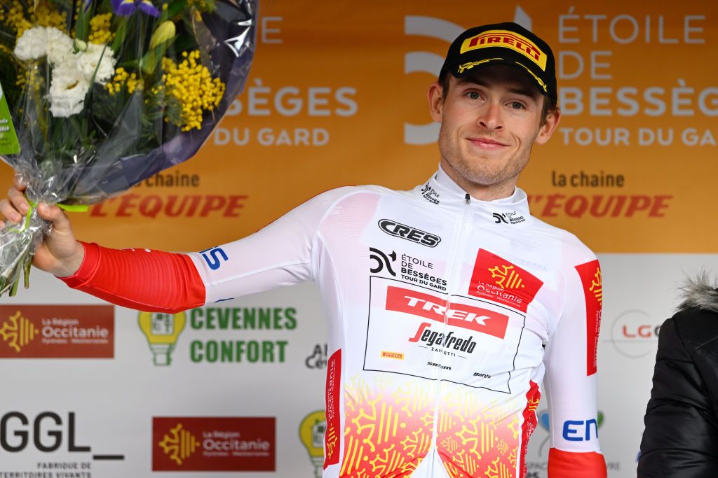 ALES FRANCE FEBRUARY 05 Mattias Skjelmose of Denmark and Team TrekSegafredo celebrates at podium as White Best Young Rider Jersey during the 53rd Etoile de Besseges Tour Du Gard 2023 Stage 5 a 1066km individual time trial stage from Ales to Ales EDB2021 on February 05 2023 in Ales France Photo by Luc ClaessenGetty Images