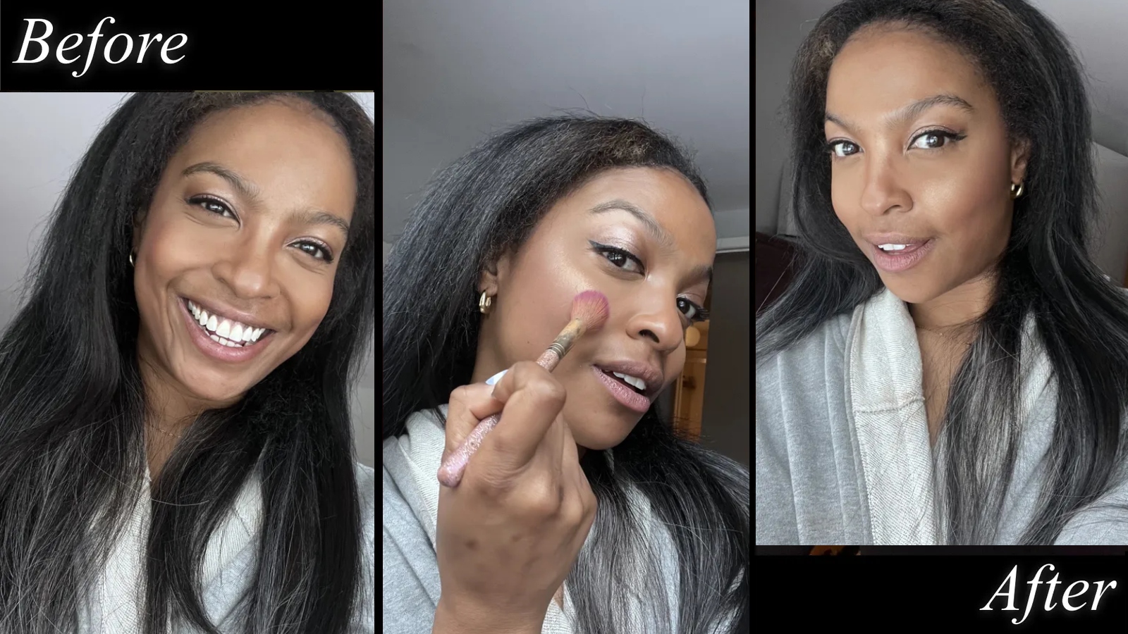 Amanda Mitchell trying Maybelline Master Chrome Metallic Highlighter Powder Makeup in Molten Gold.