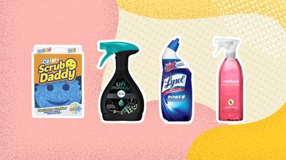 Cleaning supplies graphic with Scrub Daddy, Febreeze spray, Lysol bottle and pink Method cleaner