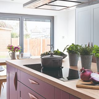 A purple kitchen with a hob at the island with a pot and herbs
