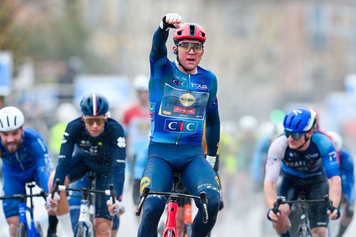 MARTIGUES FRANCE FEBRUARY 09 EDITORS NOTE Alternate crop Mads Pedersen of Denmark and Team Lidl Trek celebrates at finish line as stage winner during the 8th Tour de la Provence 2024 Stage 1 a 1572km stage from AixenProvence to Martigues on February 09 2024 in Martigues France Photo by Billy CeustersGetty Images