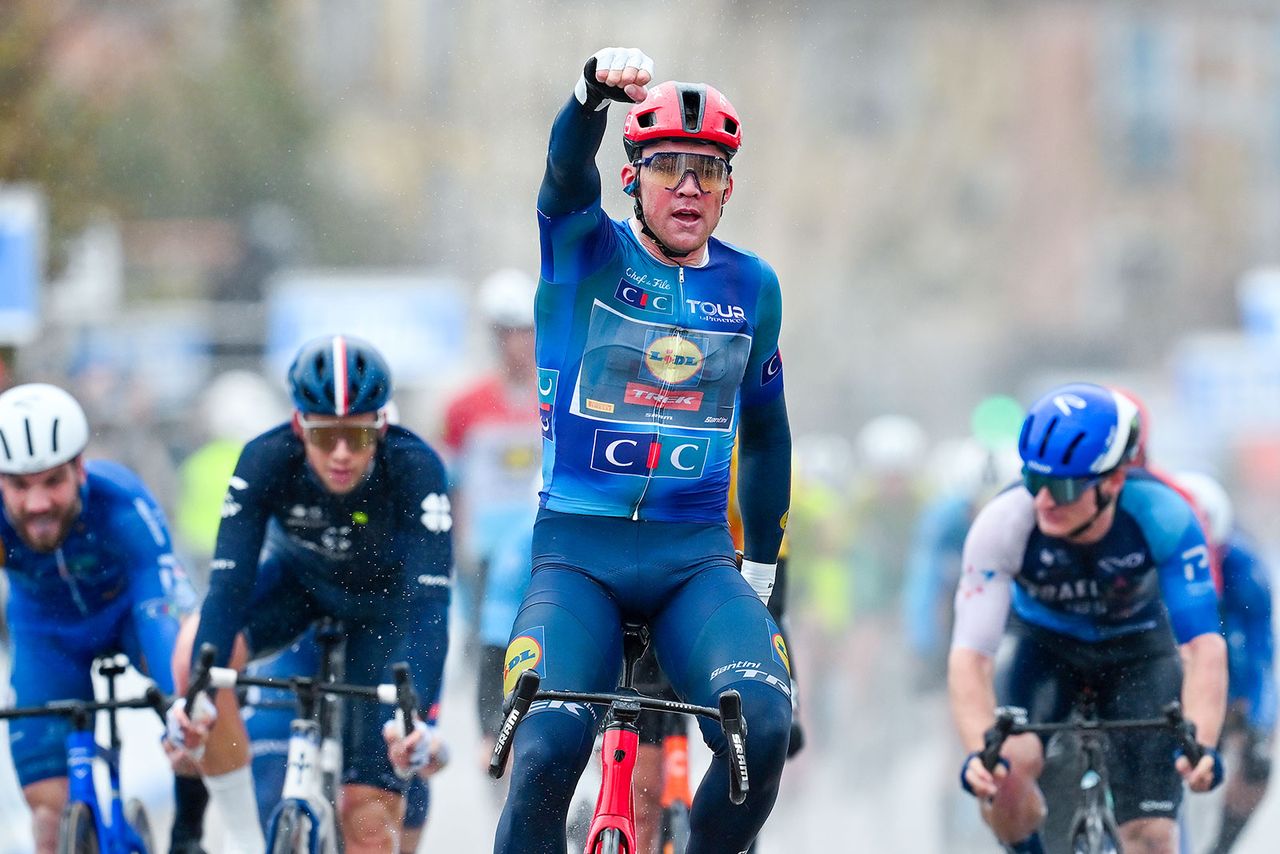 MARTIGUES FRANCE FEBRUARY 09 EDITORS NOTE Alternate crop Mads Pedersen of Denmark and Team Lidl Trek celebrates at finish line as stage winner during the 8th Tour de la Provence 2024 Stage 1 a 1572km stage from AixenProvence to Martigues on February 09 2024 in Martigues France Photo by Billy CeustersGetty Images