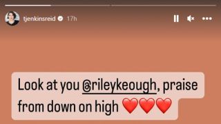 Taylor Jenkins Reid Instagram Story writing "Look at you @rileykeough, praise from down on high [three red hearts]"