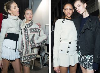 Image one - two women in white coats, one with colourful embroidered design. Image two - one model in a white coat and a skirt and one in a black coat and black and white skirt
