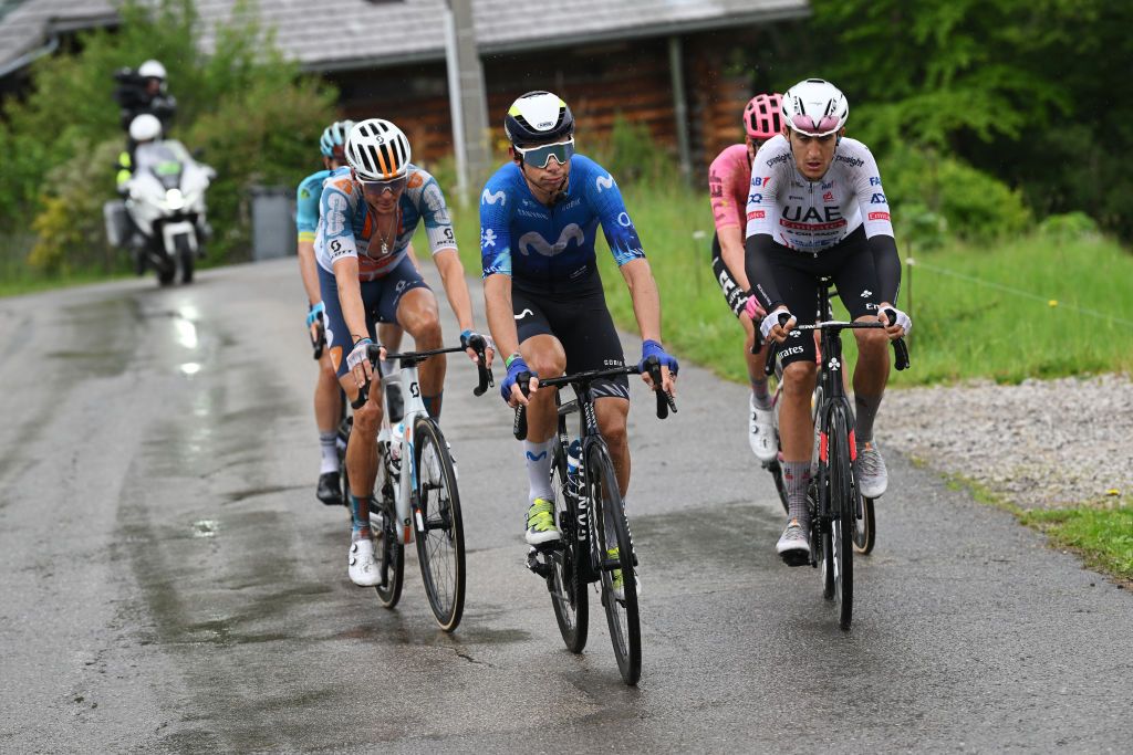 SAMOENS FRANCE Warren Barguil (dsm-firmenich PostNL), Davide Formolo (Movistar) and Marc Soler (UAE Team Emirates) set the pace in the breakaway